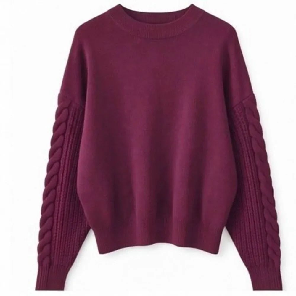 ZARA Knit Maroon Cable Sleeve Sweater Women’s Size Large Chunky Cozy Pullover